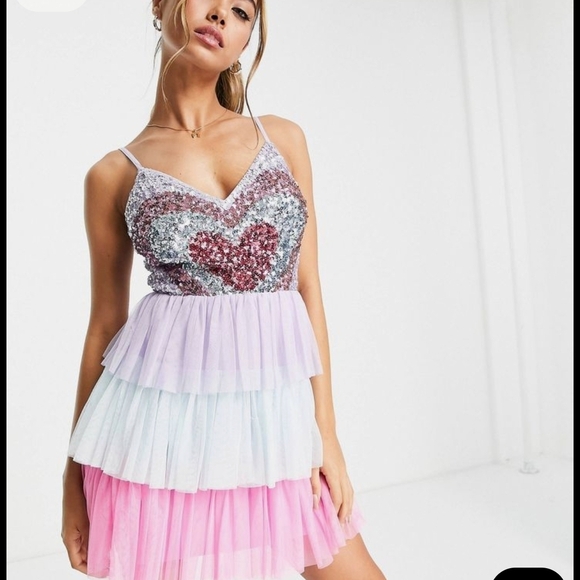 Maya Deluxe Dresses & Skirts - Maya Sequin Heart Dress with Tiered Skirt New Asos Sz S/m New